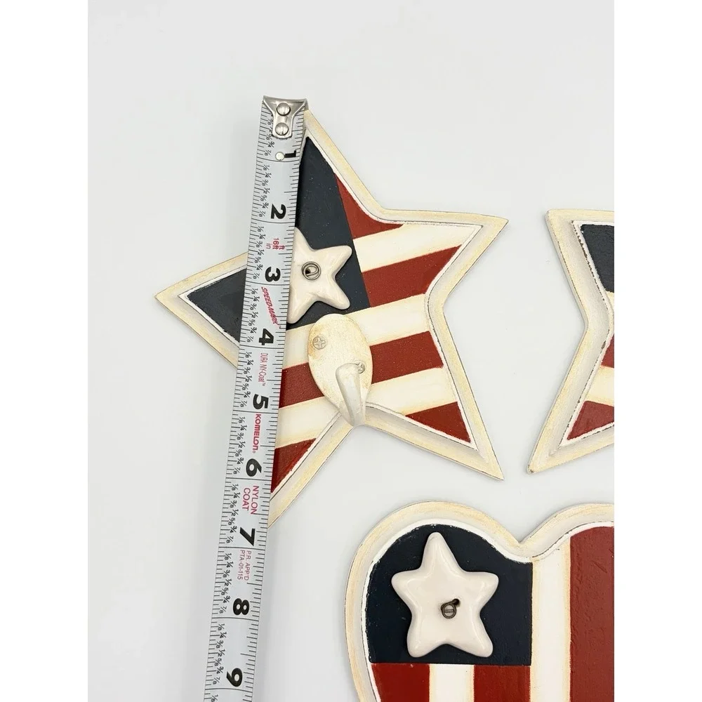 Vintage Patriotic Wall Hooks Set 3 Star Heart American Flag 4th of July 2005